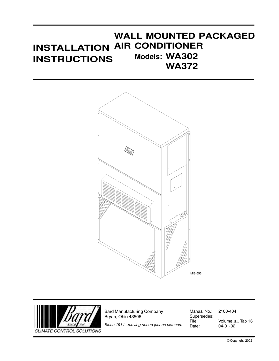 Bard MIS-656 installation instructions WA372 