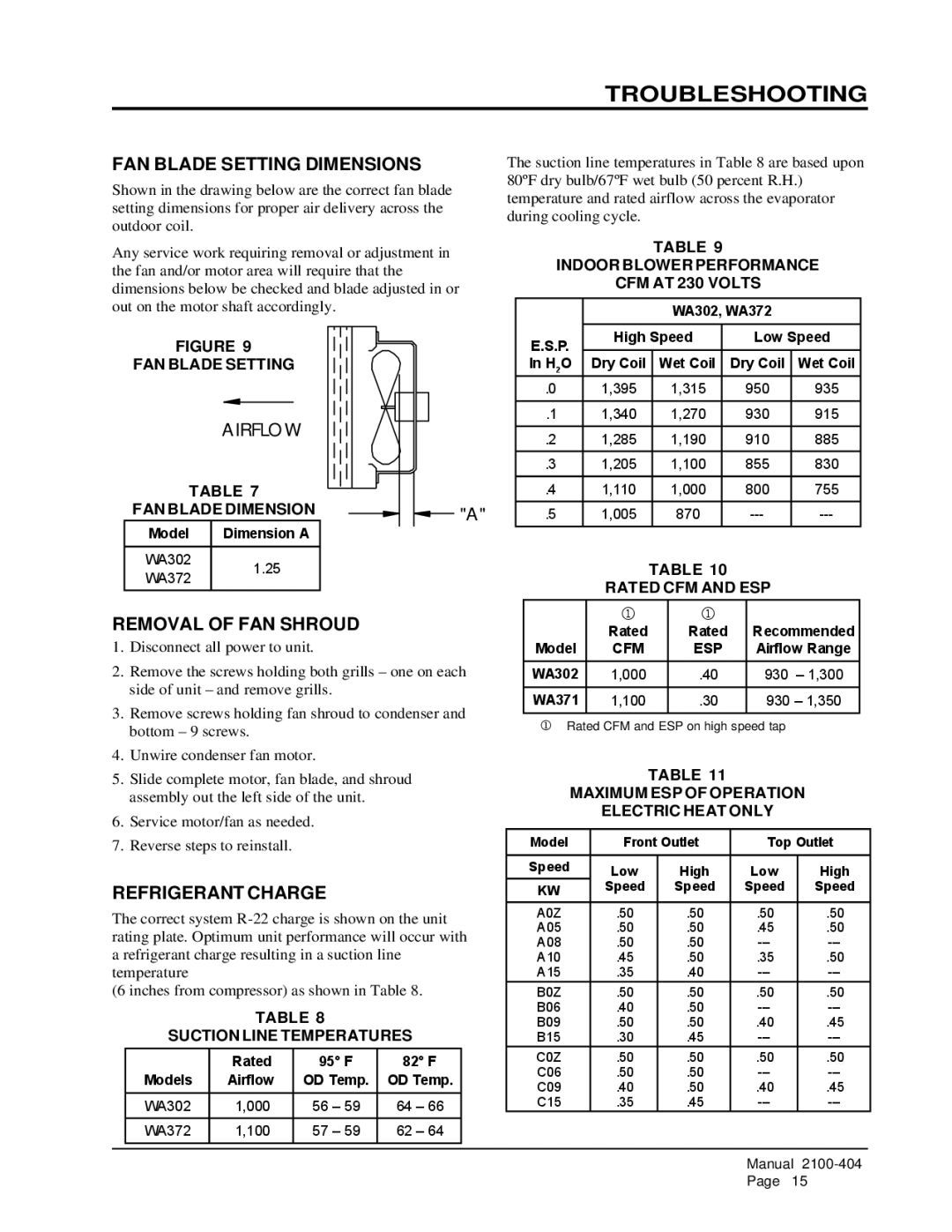 Bard MIS-656 Troubleshooting, FAN Blade Setting Dimensions, Removal of FAN Shroud, Refrigerant Charge 