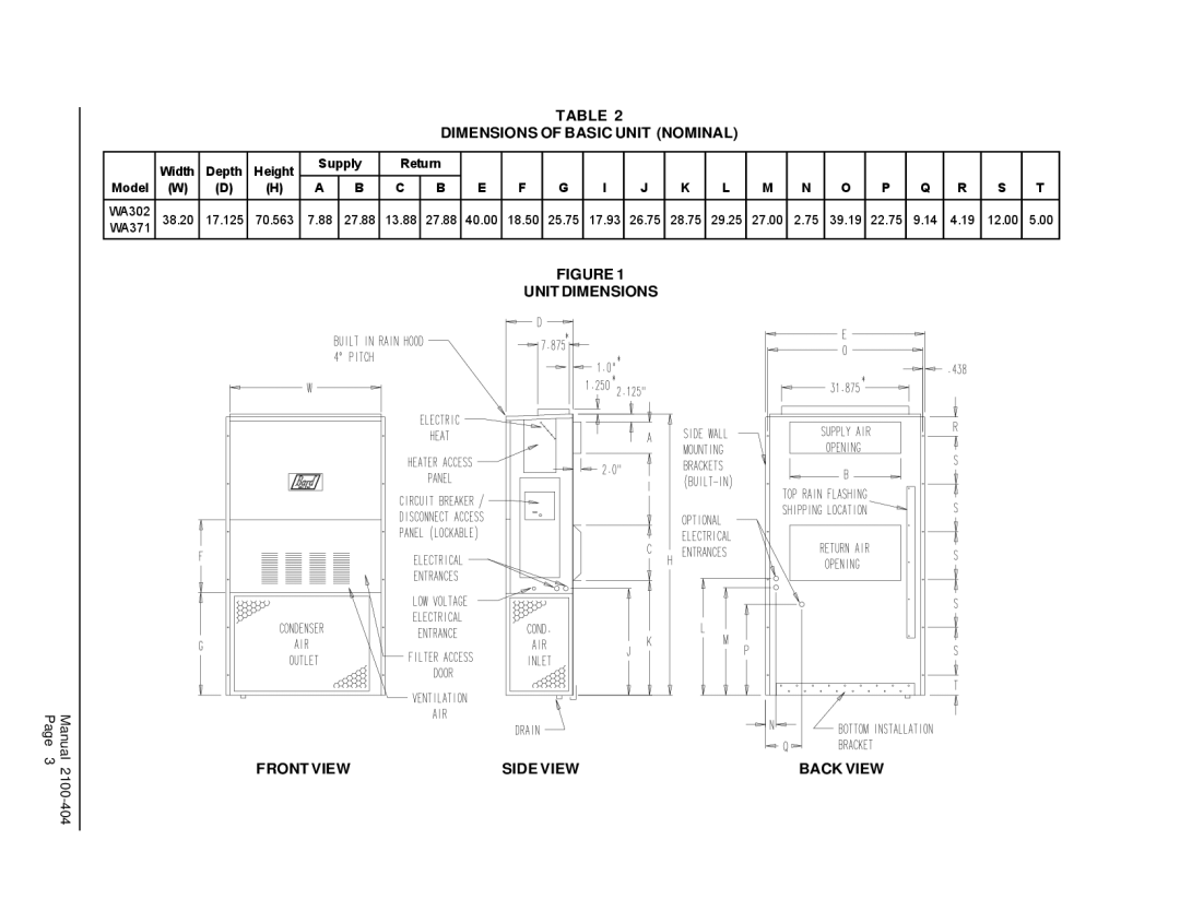 Bard MIS-656 installation instructions Dimensions of Basic Unit Nominal, Back View 