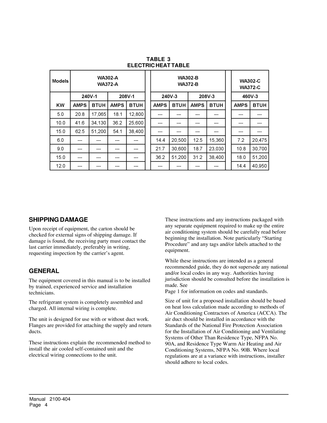 Bard MIS-656 installation instructions Shipping Damage, General, Electric Heat Table 