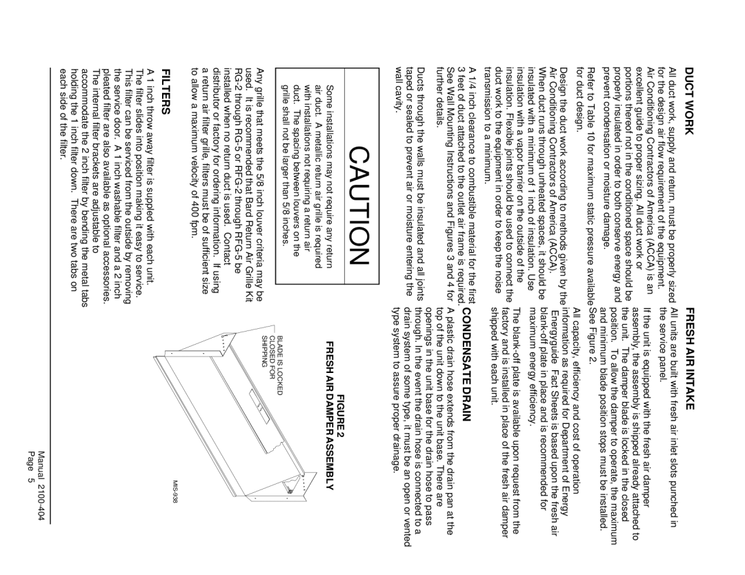 Bard MIS-656 installation instructions Duct Work, Fresh AIR Intake, Condensate Drain, Filters, Fresh AIR Damper Assembly 