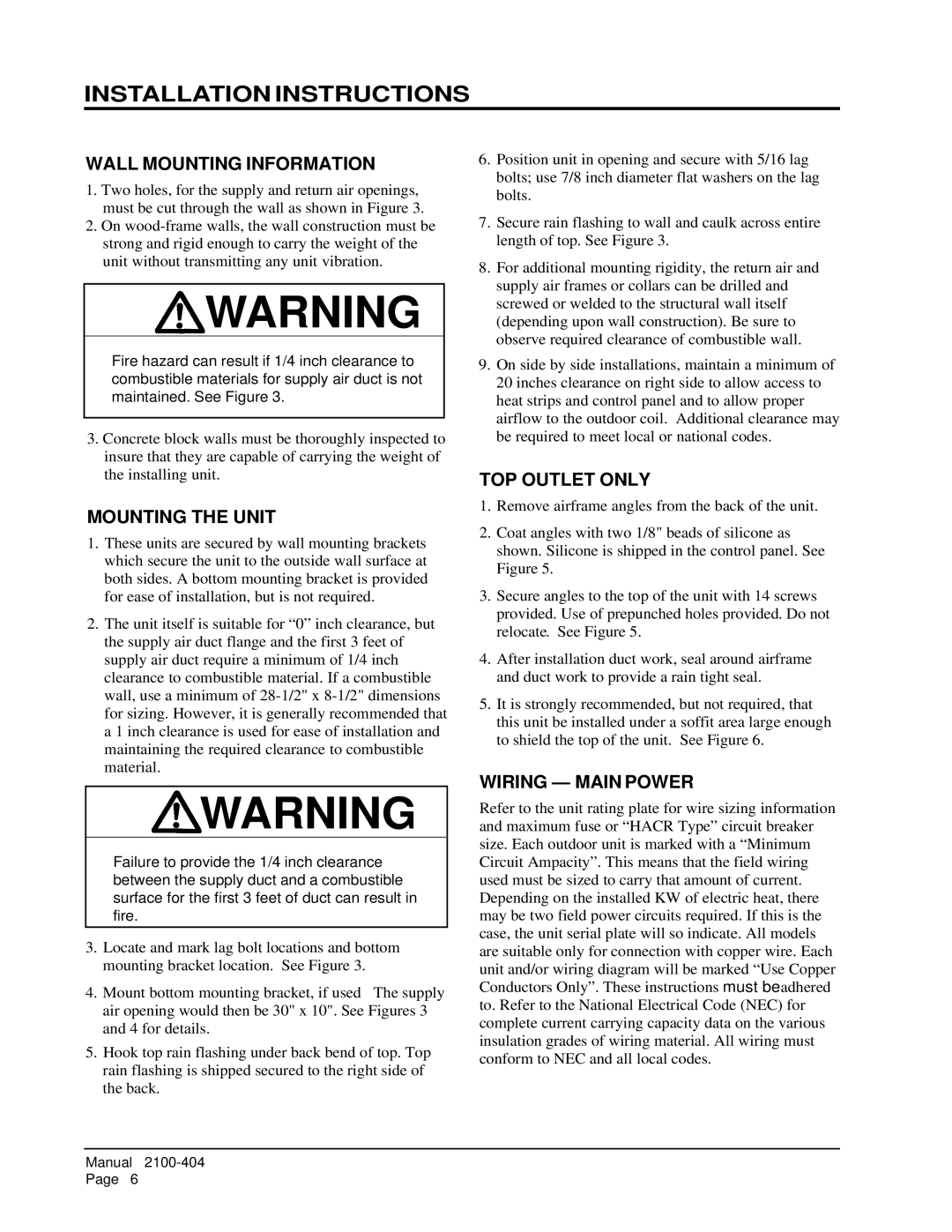 Bard MIS-656 Installation Instructions, Wall Mounting Information, Mounting the Unit, TOP Outlet only, Wiring Main Power 