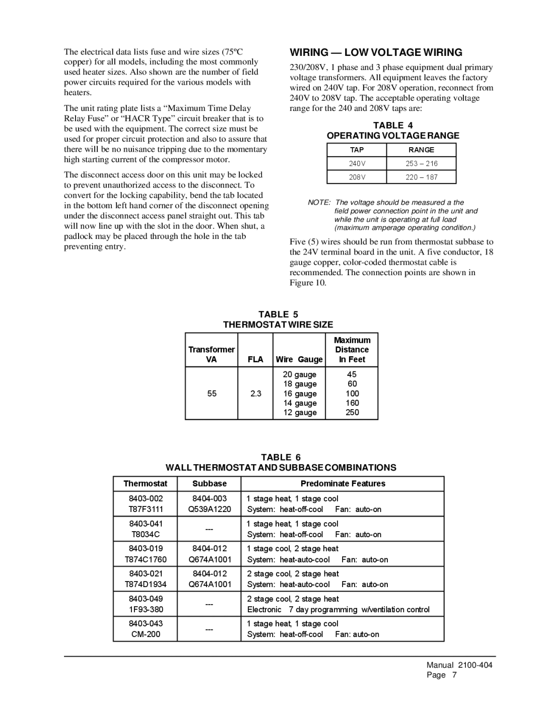 Bard MIS-656 installation instructions Wiring LOW Voltage Wiring, Operating Voltage Range, Thermostat Wire Size 