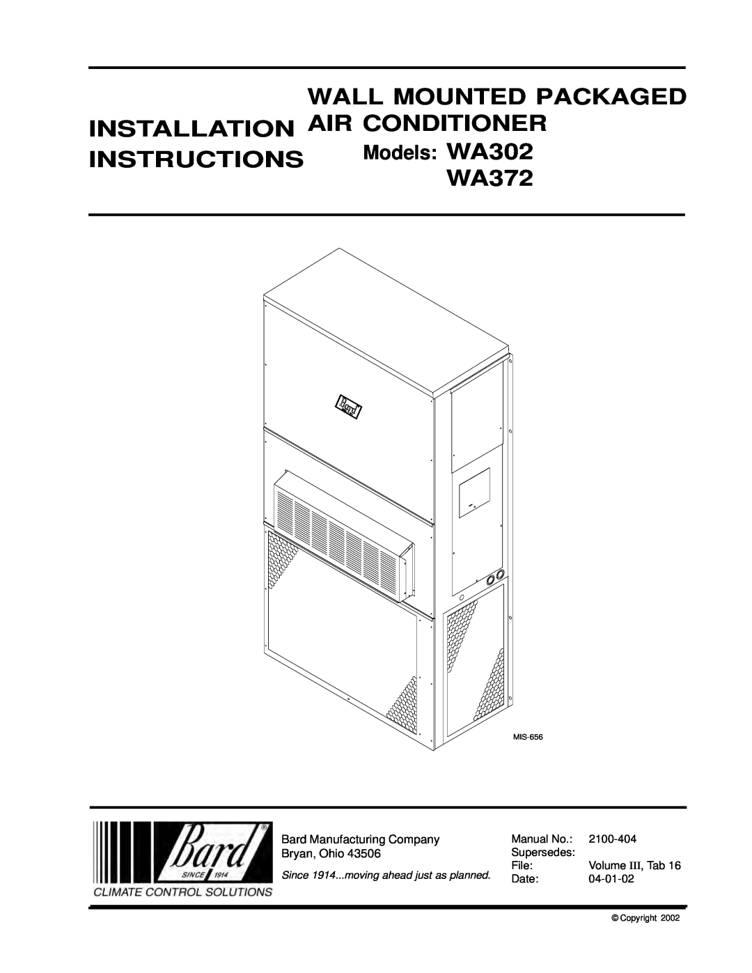 Bard MIS-656 installation instructions Wall Mounted Packaged, Installation Air Conditioner, Instructions, WA372, Manual No 