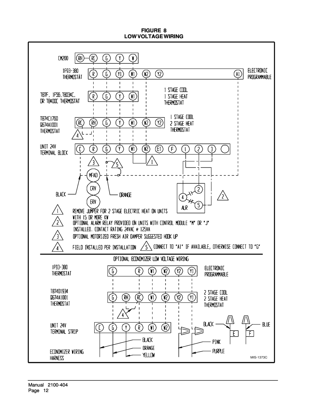 Bard MIS-656 installation instructions Figure Low Voltage Wiring, Manual, 2100-404, Page, MIS-1373C 