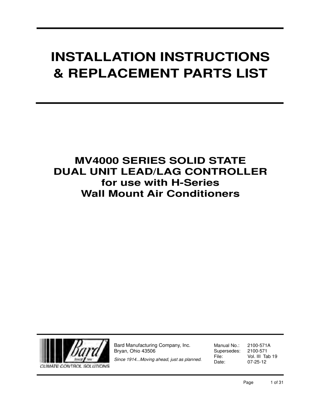 Bard MV4000 installation instructions Installation Instructions & replacement parts list 