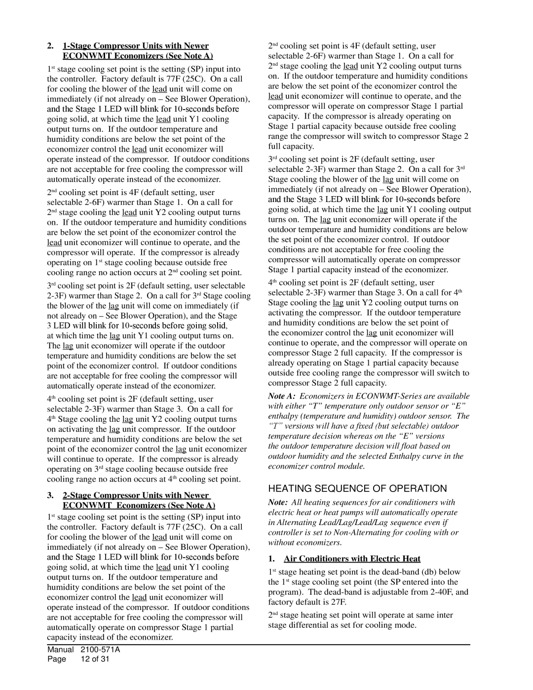 Bard MV4000 installation instructions Heating Sequence of OPERATIoN, Air Conditioners with Electric Heat 