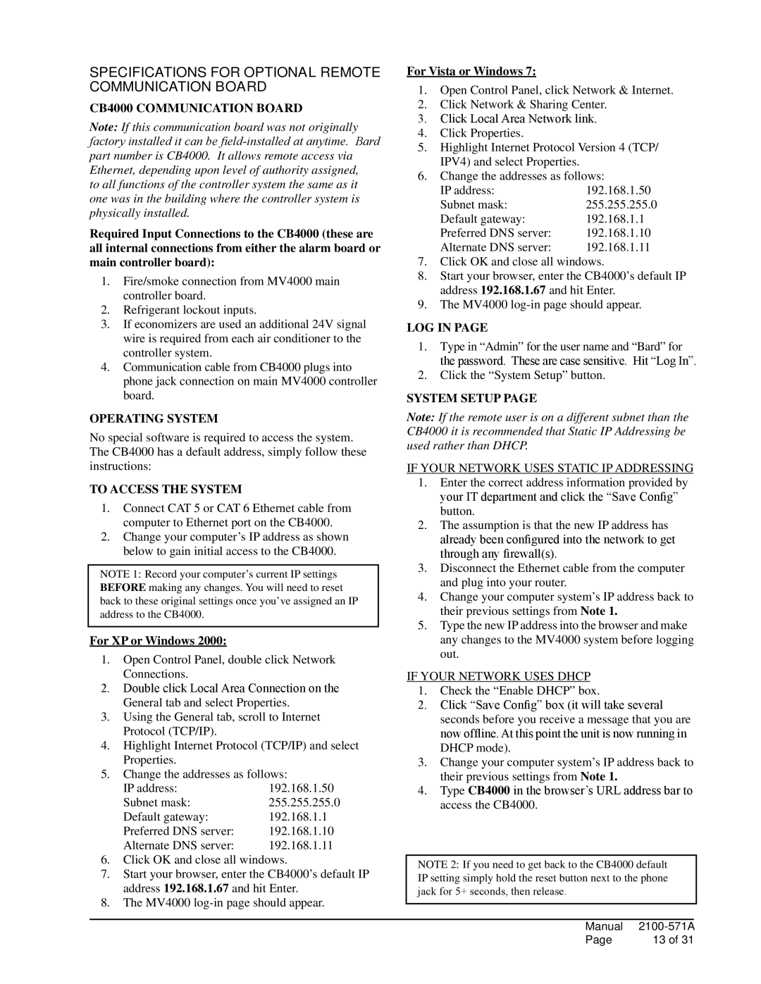 Bard MV4000 installation instructions CB4000 Communication Board, For XP or Windows, For Vista or Windows 