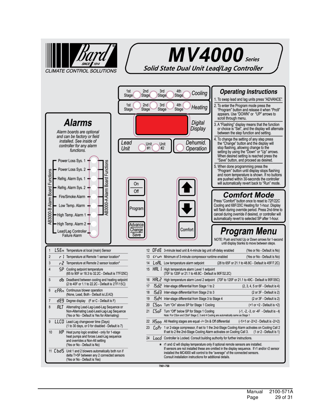Bard MV4000 installation instructions 27F/15C Lead 