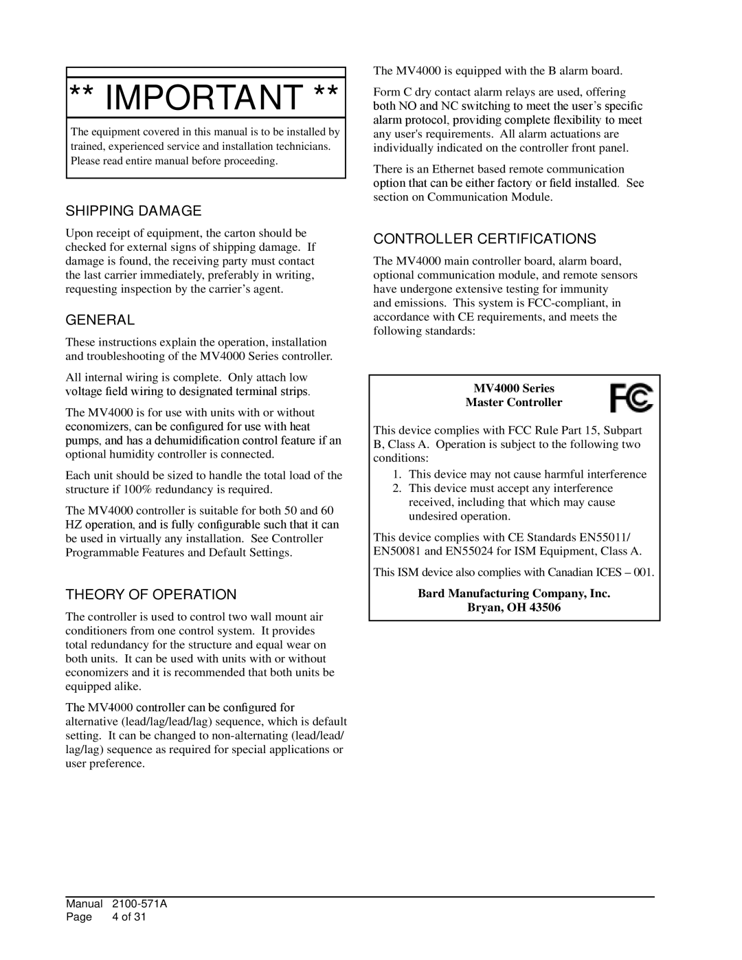 Bard Controller certifications, MV4000 Series Master Controller, Bard Manufacturing Company, Inc Bryan, OH 