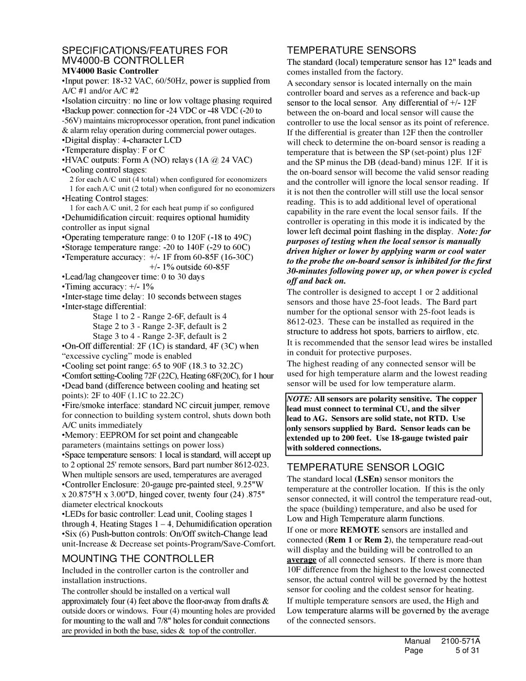 Bard MV4000 SPECIFICATIONS/FEATURES for mv4000-B Controller, Mounting the controller, Temperature sensors 