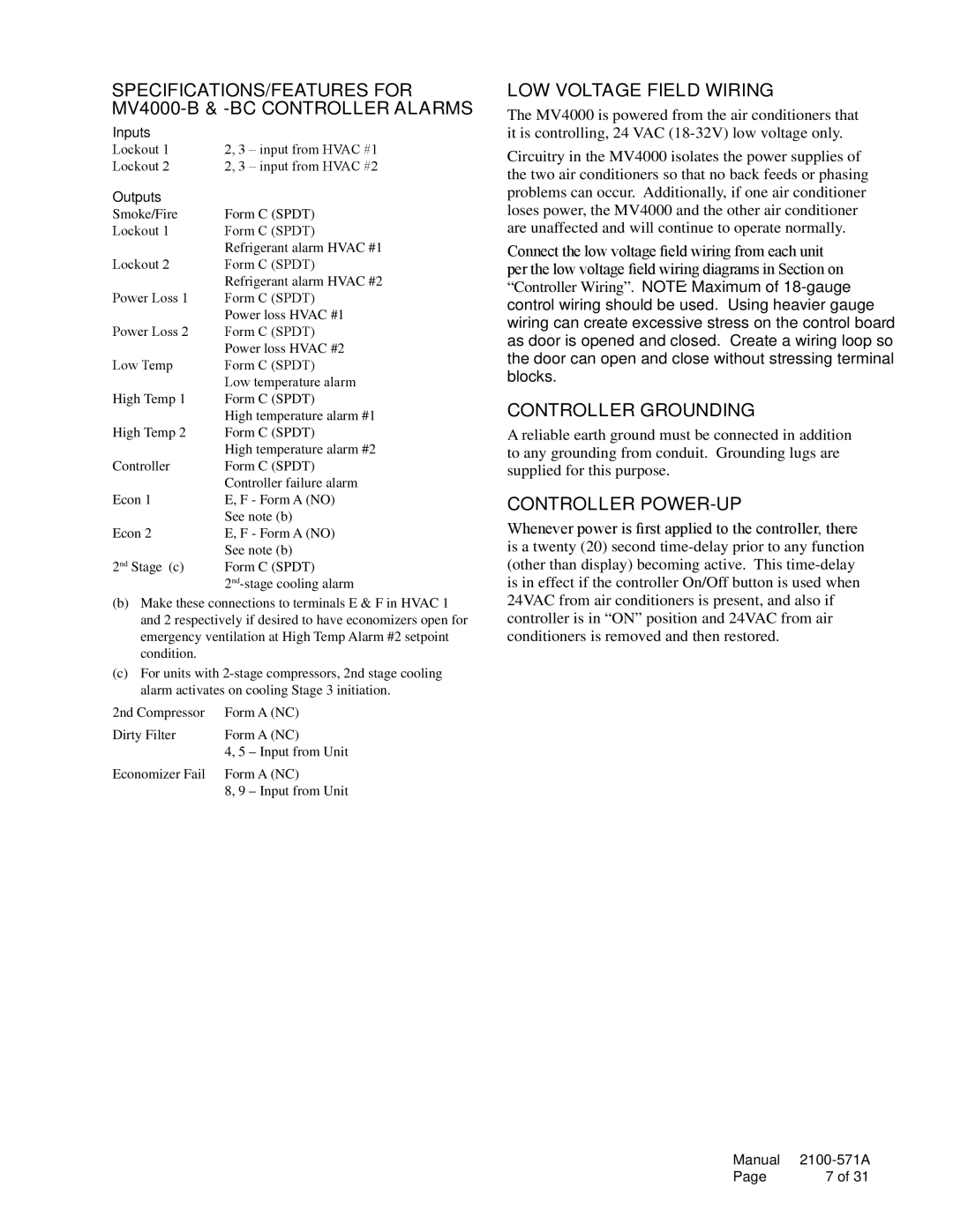 Bard MV4000 installation instructions LOW voltage field wiring, Controller grounding, Controller power-up 