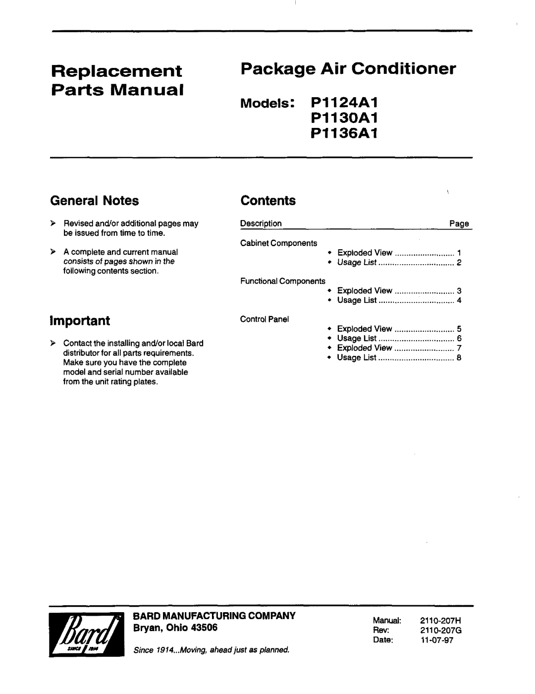 Bard P1136A1, P1130A1, P1124A1 manual 