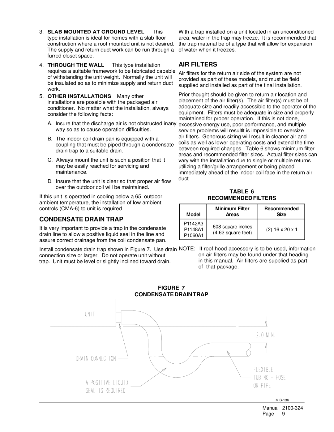 Bard P1060A1, P1148A1, P1142A3 installation instructions Condensate Drain Trap, AIR Filters, Recommended Filters 