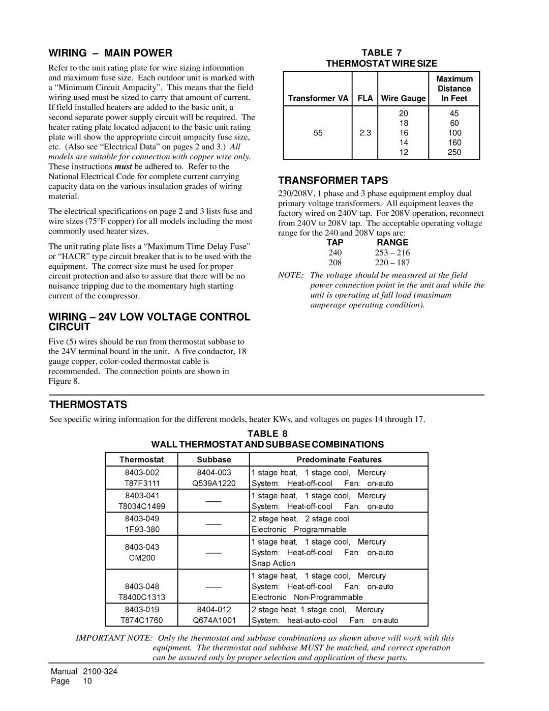 Bard P1148A1, P1142A3, P1060A1 Wiring Main Power, Transformer Taps, Wiring 24V LOW Voltage Control Circuit, Thermostats 