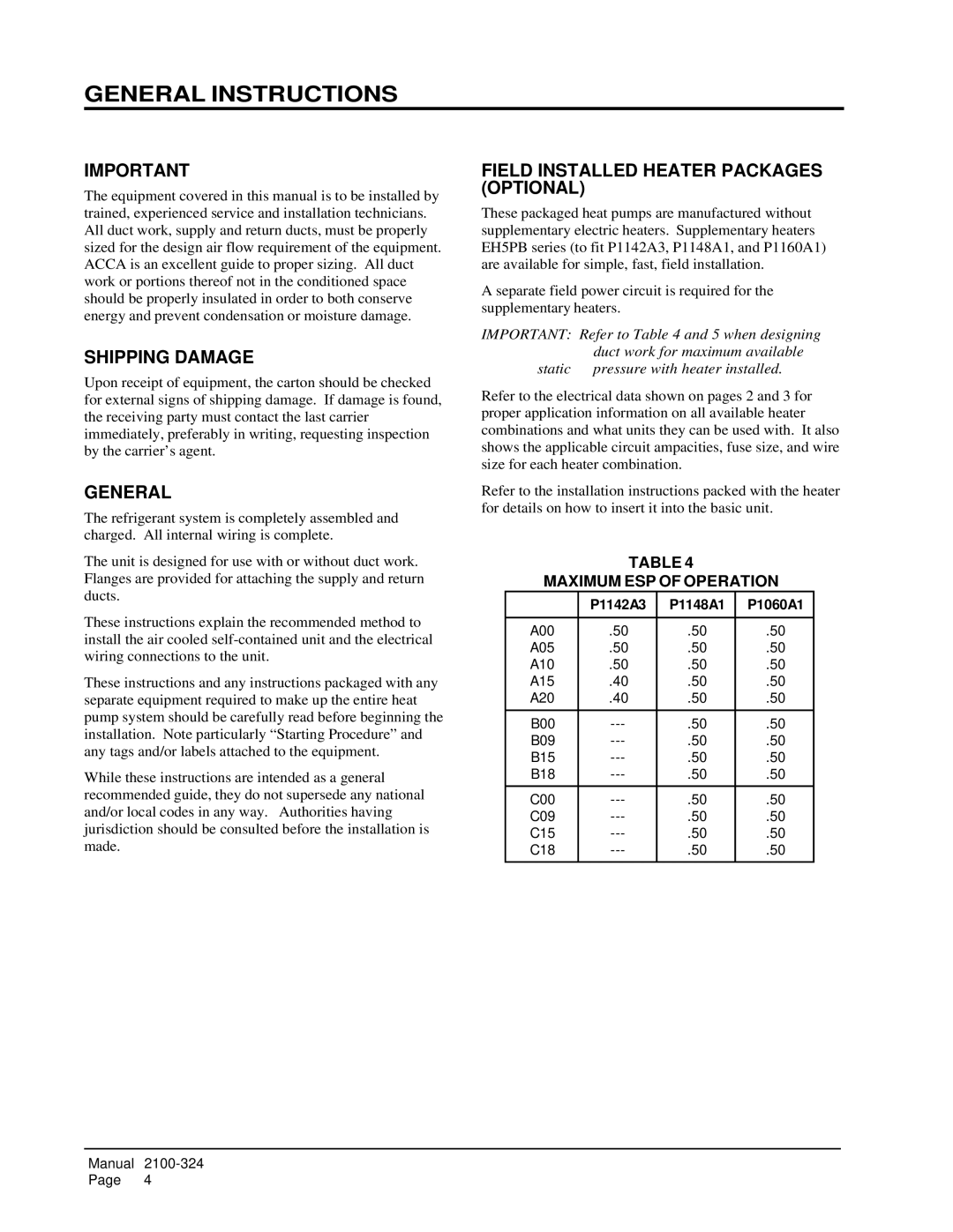 Bard P1148A1 General Instructions, Shipping Damage, Field Installed Heater Packages Optional, Maximum ESP of Operation 