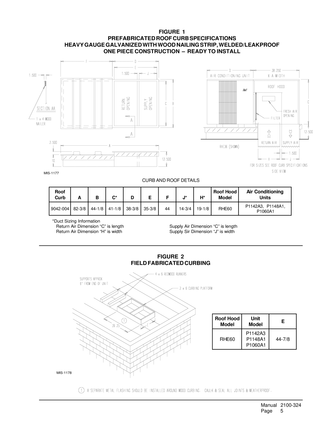 Bard P1142A3, P1148A1, P1060A1 Field Fabricated Curbing, Air Conditioning, Roof Hood Unit Model, 44-7/8 