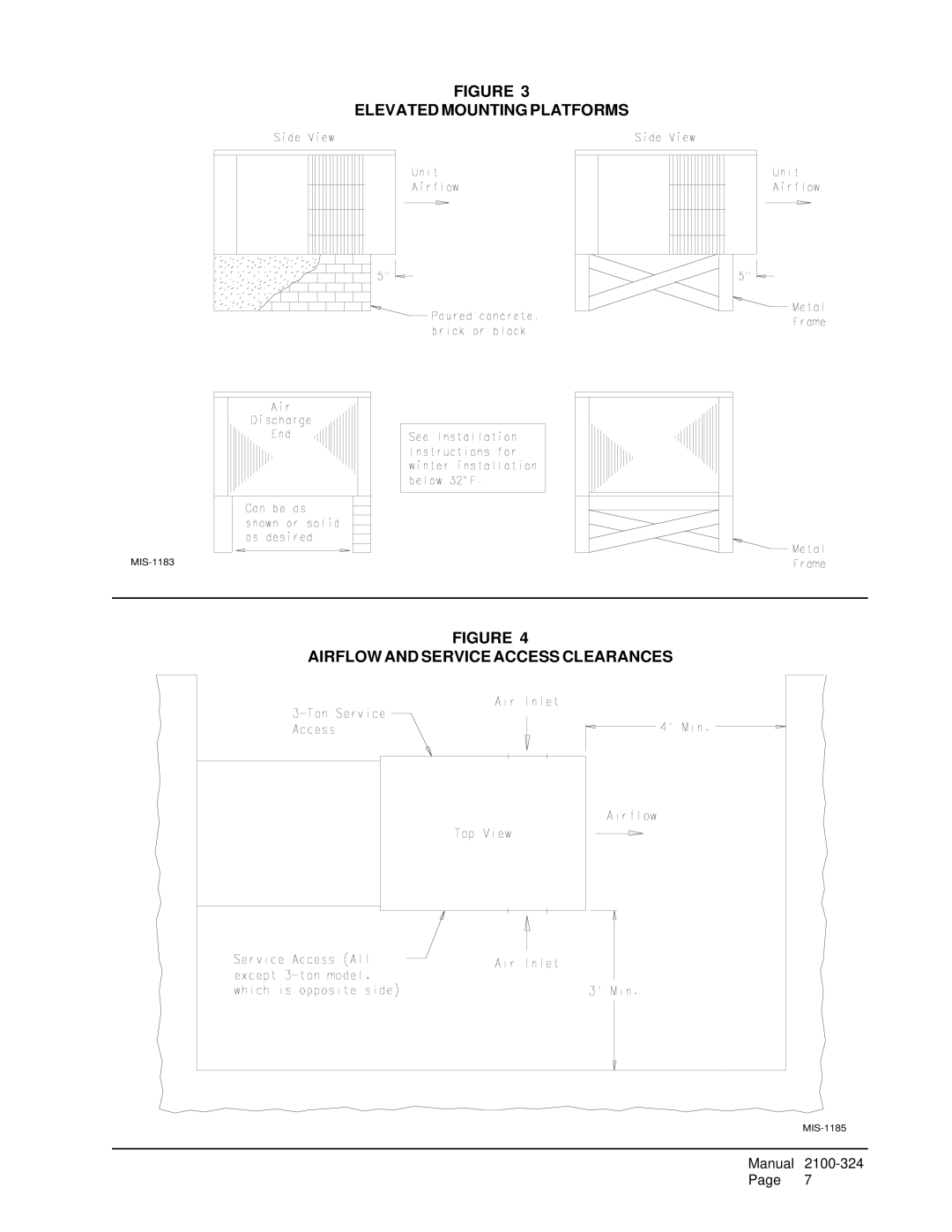 Bard P1148A1, P1142A3, P1060A1 installation instructions Elevated Mounting Platforms, Airflow and Service Access Clearances 