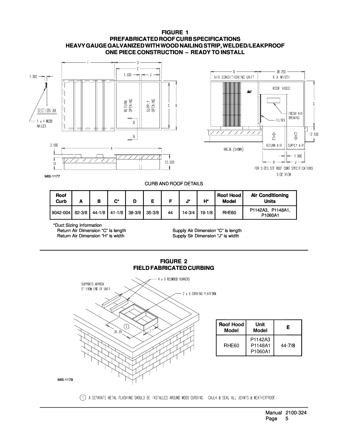 Bard P1142A3 Figure Prefabricated Roof Curb Specifications, One Piece Construction - Ready To Install, Air Conditioning 