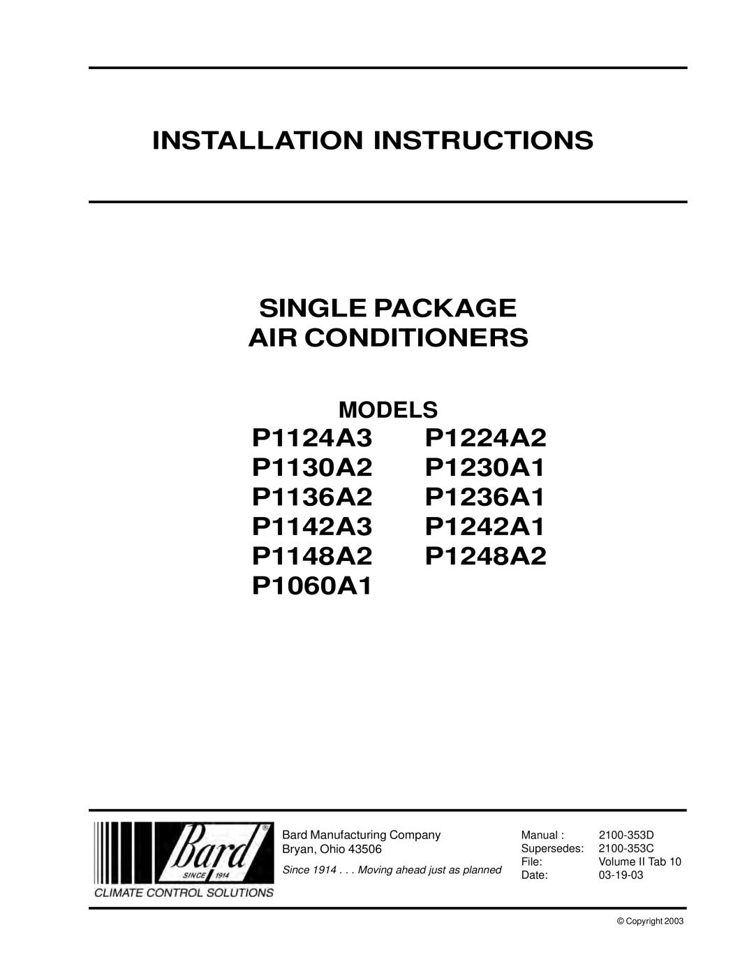 Bard P1124A3, P1224A2 installation instructions Installation Instructions Single Package AIR Conditioners 