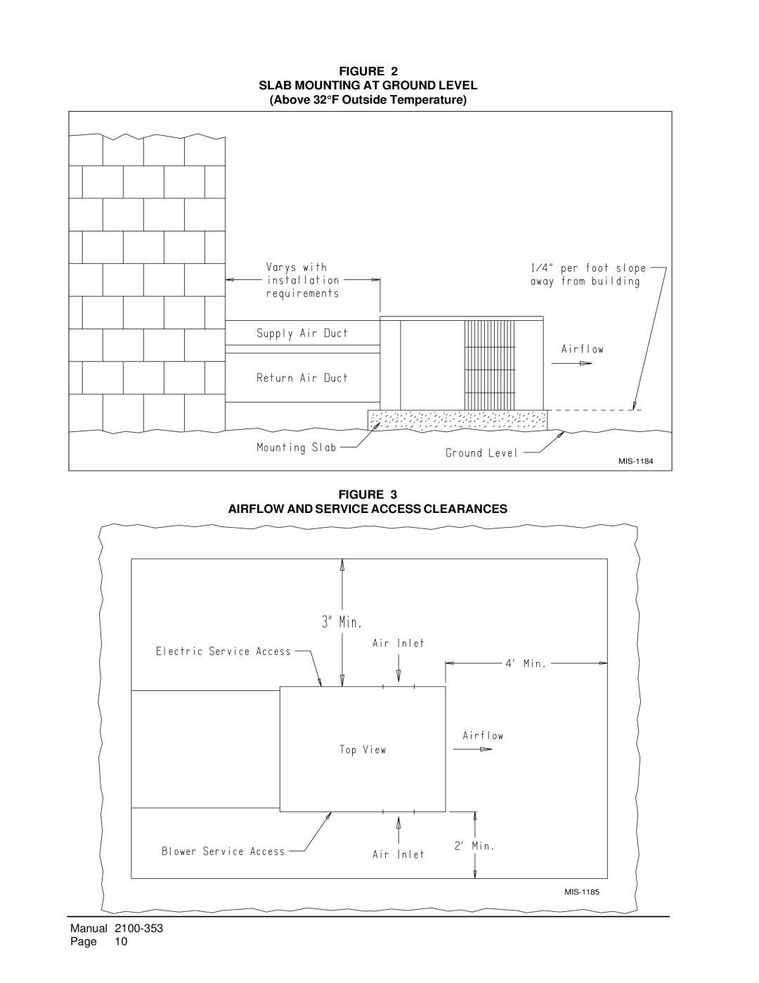 Bard P1224A2, P1124A3 installation instructions Slab Mounting AT Ground Level, Airflow and Service Access Clearances 