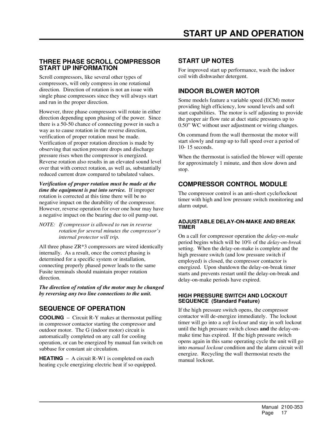 Bard P1124A3, P1224A2 installation instructions Start UP and Operation 