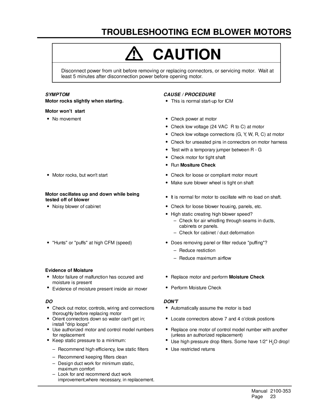 Bard P1224A1 Troubleshooting ECM Blower Motors, Motor rocks slightly when starting Motor wont start, ∃ Run Mositure Check 