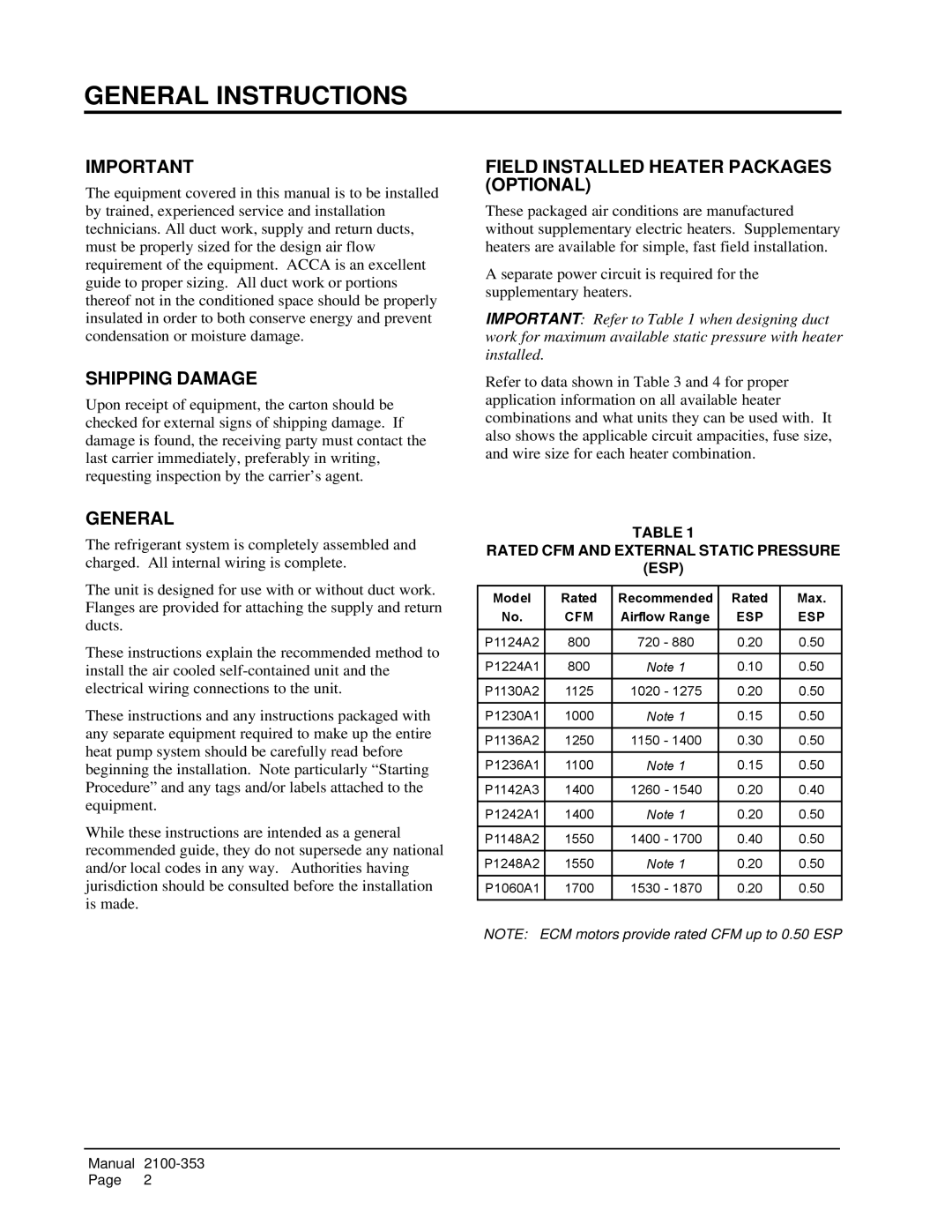 Bard P1242A1, P1248A2, P1230A1, P1236A1 General Instructions, Shipping Damage, Field Installed Heater Packages Optional 