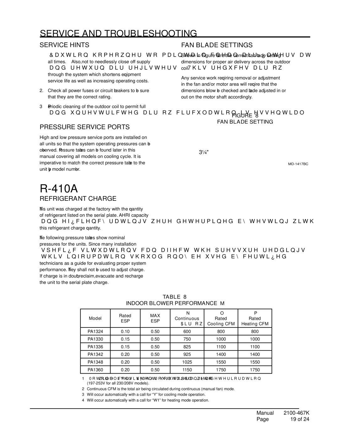 Bard PA13482-C Service and Troubleshooting, Service Hints, Pressure Service Ports, FAN Blade Settings, Refrigerant CHARGe 