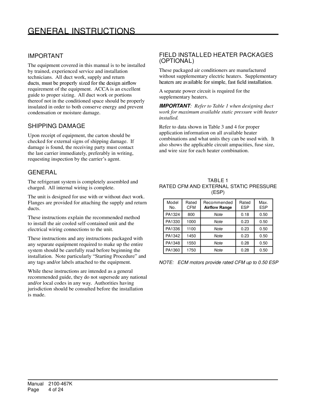 Bard PA13482-B, PA13242-A, PA13302-A General Instructions, Shipping Damage, Field Installed Heater Packages Optional, Esp 