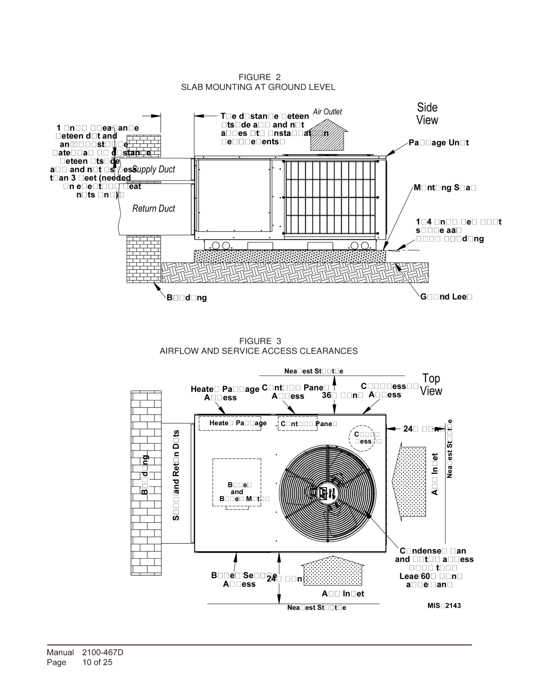 Bard PA13301-A, PA13361-A, PA13241-A, PA13361-B Slab Mounting AT Ground Level, Airflow and Service Access Clearances 