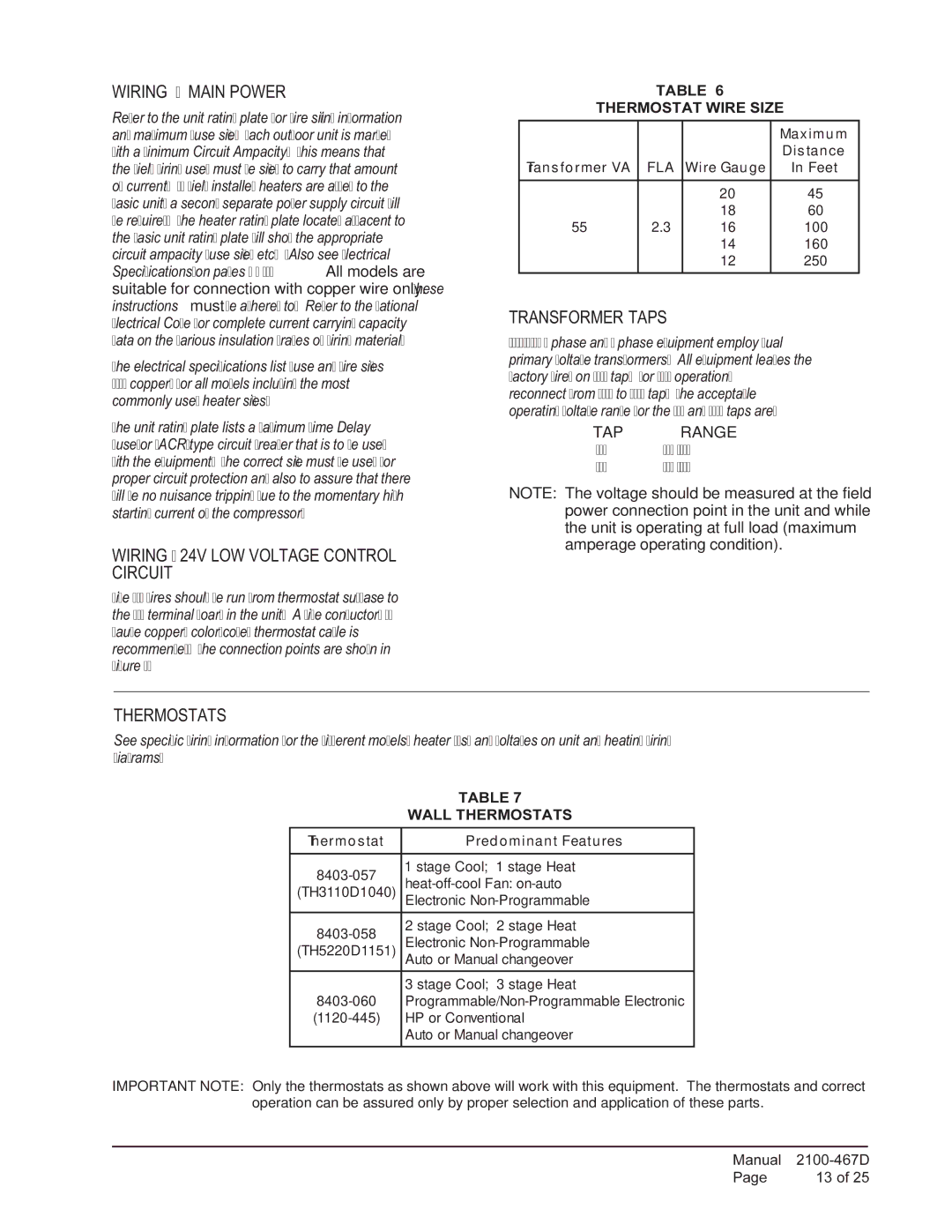 Bard PA13241-A, PA13361-A Wiring Main Power, Wiring 24V LOW Voltage Control Circuit, Transformer Taps, Thermostats 