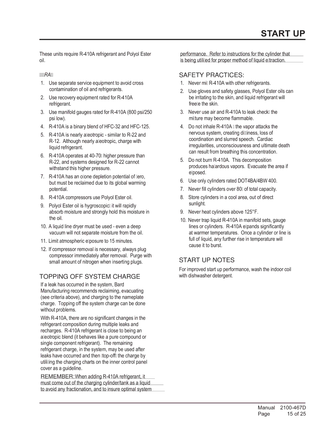 Bard PA13361-B, PA13361-A, PA13241-A, PA13301-A Topping OFF System Charge, Safety Practices, Start UP Notes 