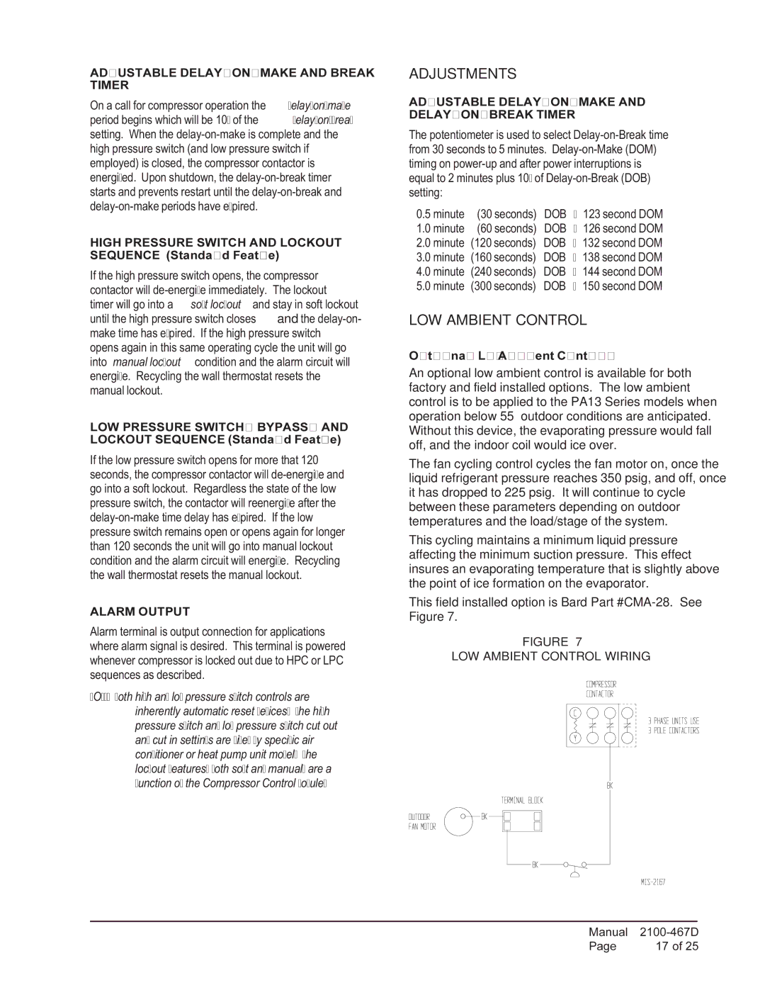 Bard PA13241-A, PA13361-A, PA13301-A, PA13361-B installation instructions Adjustments, LOW Ambient Control 