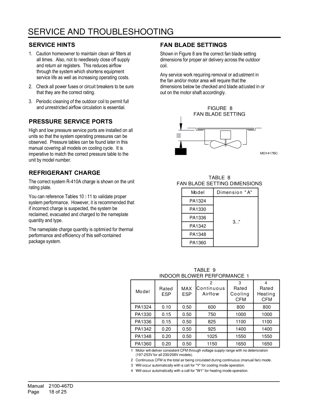 Bard PA13301-A Service and Troubleshooting, Service Hints, Pressure Service Ports, FAN Blade Settings, Refrigerant Charge 