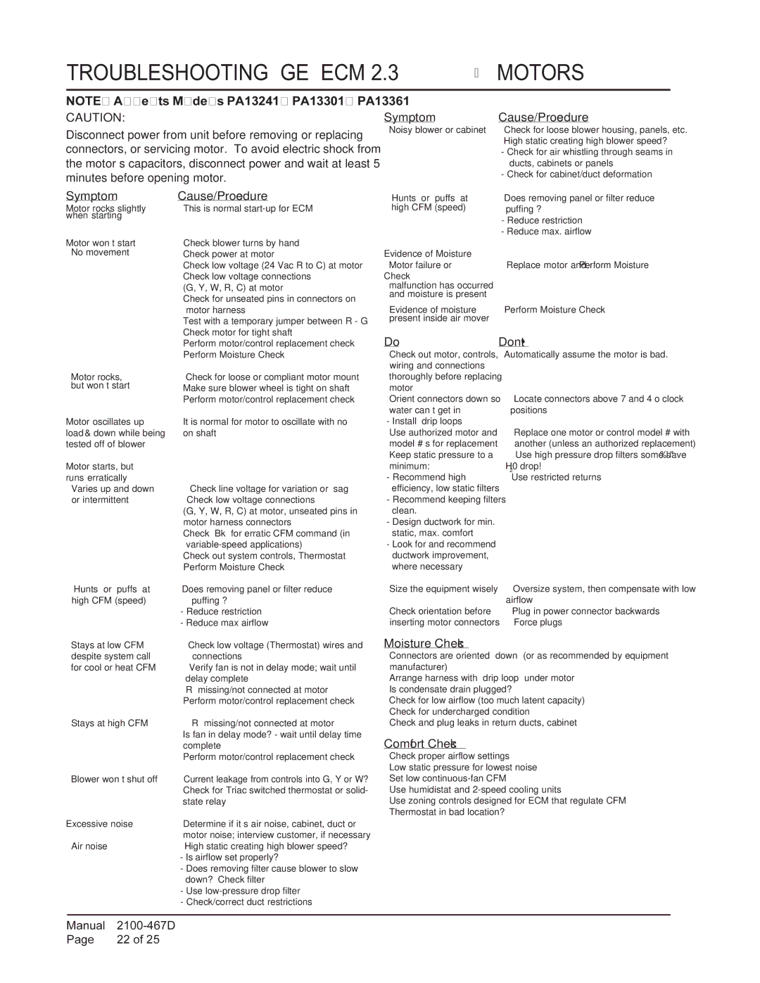 Bard PA13301-A, PA13361-A, PA13241-A, PA13361-B installation instructions Troubleshooting GE ECM 2.3 Motors 