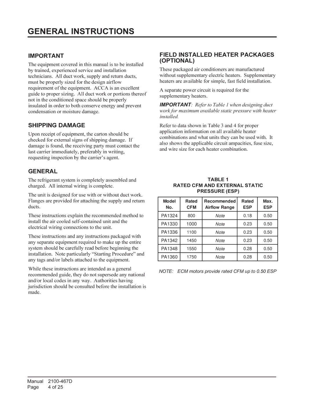 Bard PA13361-A, PA13241-A, PA13301-A General Instructions, Shipping Damage, Field Installed Heater Packages Optional 