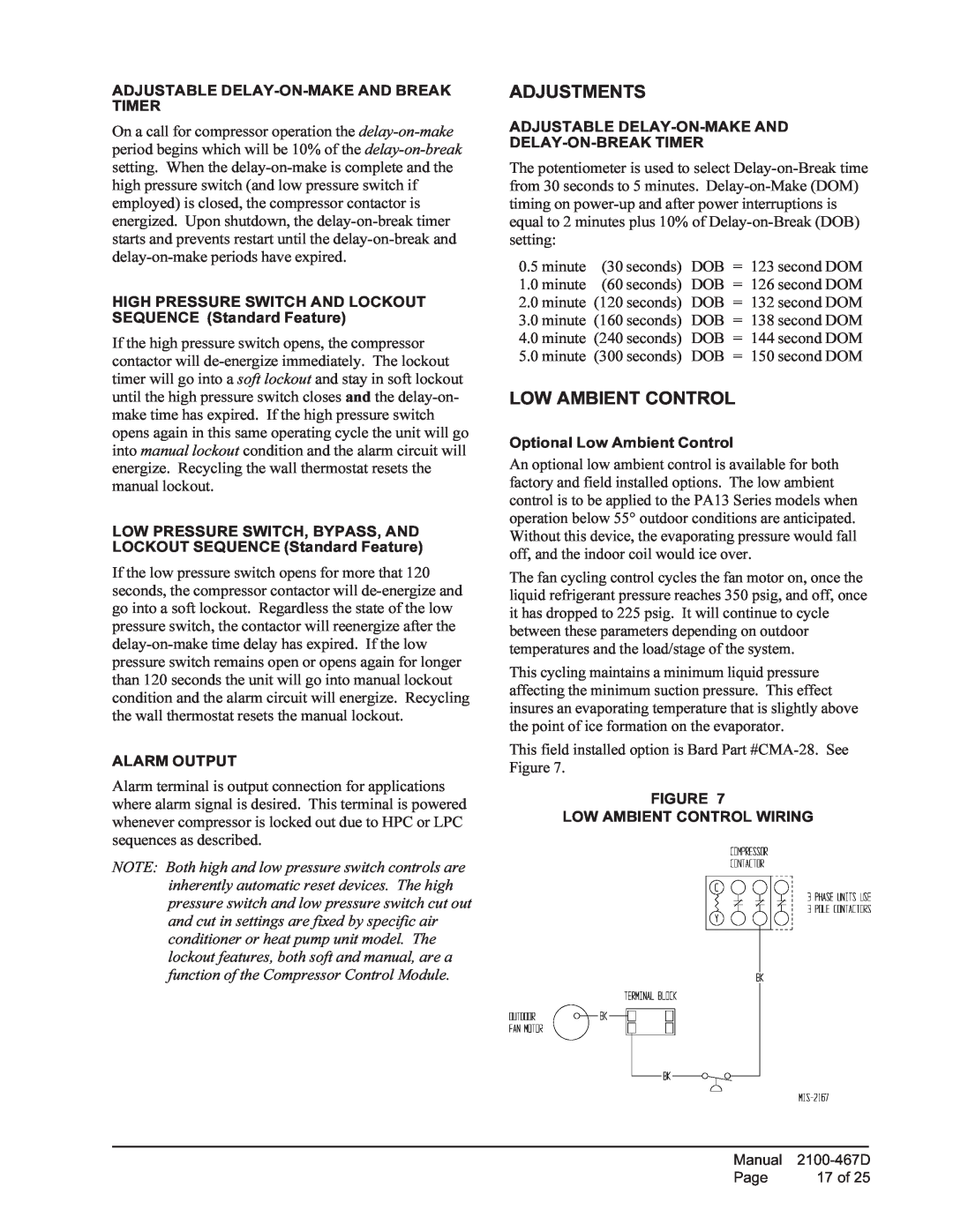 Bard PA13241-A, PA13361-A, PA13301-A, PA13361-B installation instructions Adjustments, Low Ambient Control 