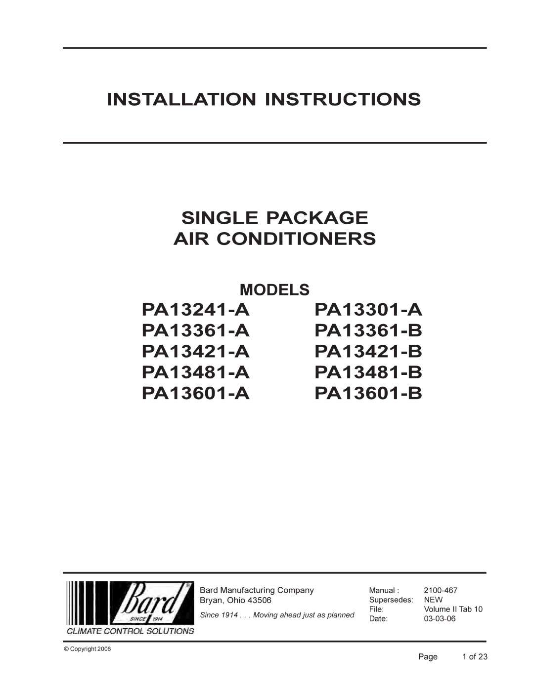 Bard PA13481-B, PA13421-A, PA13481-A, PA13601-A, PA13421-B installation instructions Bard Manufacturing Company, Bryan, Ohio 