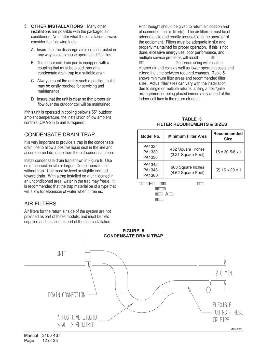 Bard PA13421-A, PA13481-B, PA13481-A, PA13601-A, PA13421-B Condensate Drain Trap, AIR Filters, Filter Requirements & Sizes 