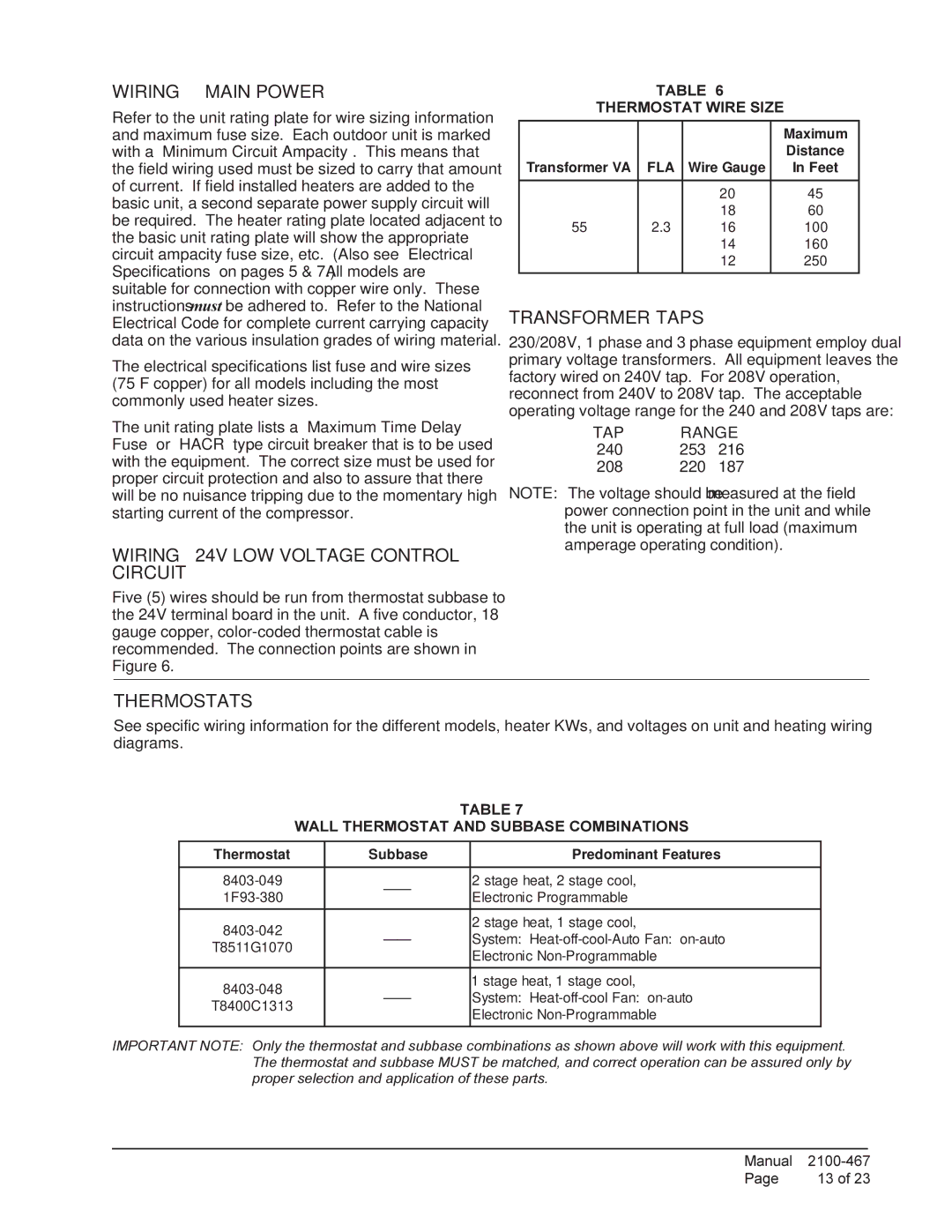 Bard PA13481-B, PA13421-A Wiring Main Power, Wiring 24V LOW Voltage Control Circuit, Transformer Taps, Thermostats 