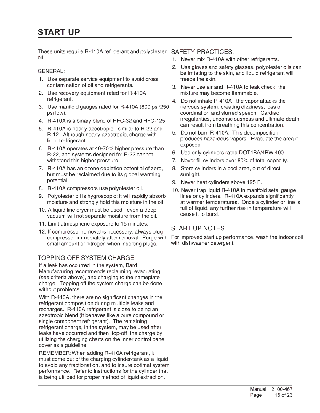 Bard PA13601-A, PA13421-A, PA13481-B, PA13481-A, PA13421-B Topping OFF System Charge, Safety Practices, Start UP Notes 