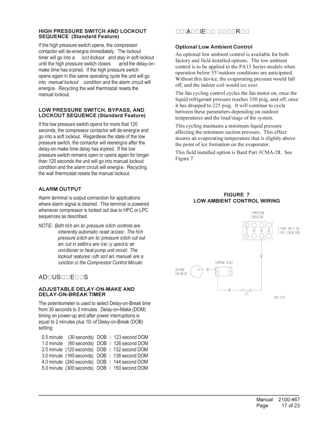 Bard PA13601-B Adjustments, LOW Ambient Control, Alarm Output, Adjustable DELAY-ON-MAKE and DELAY-ON-BREAK Timer 