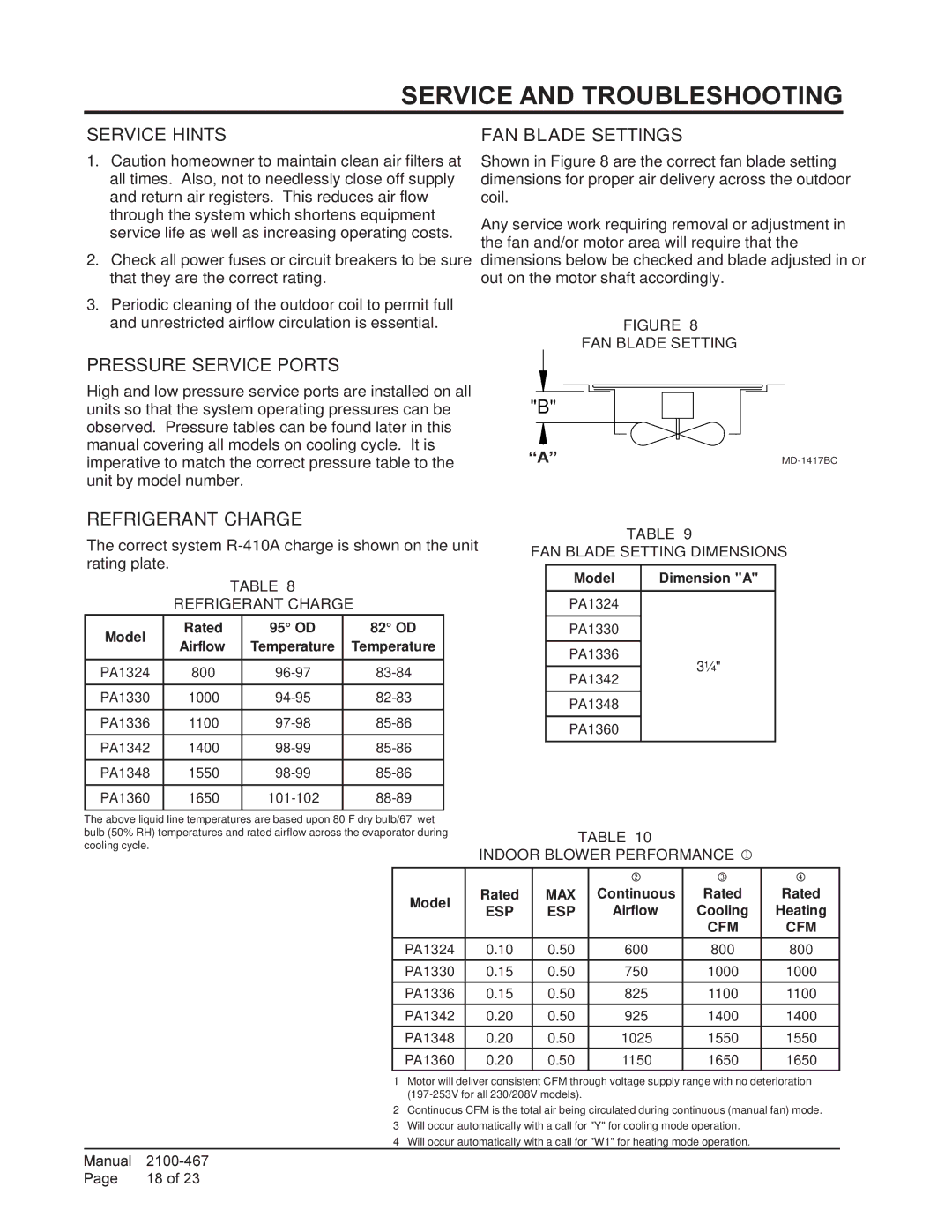 Bard PA13421-A Service and Troubleshooting, Service Hints, Pressure Service Ports, FAN Blade Settings, Refrigerant Charge 