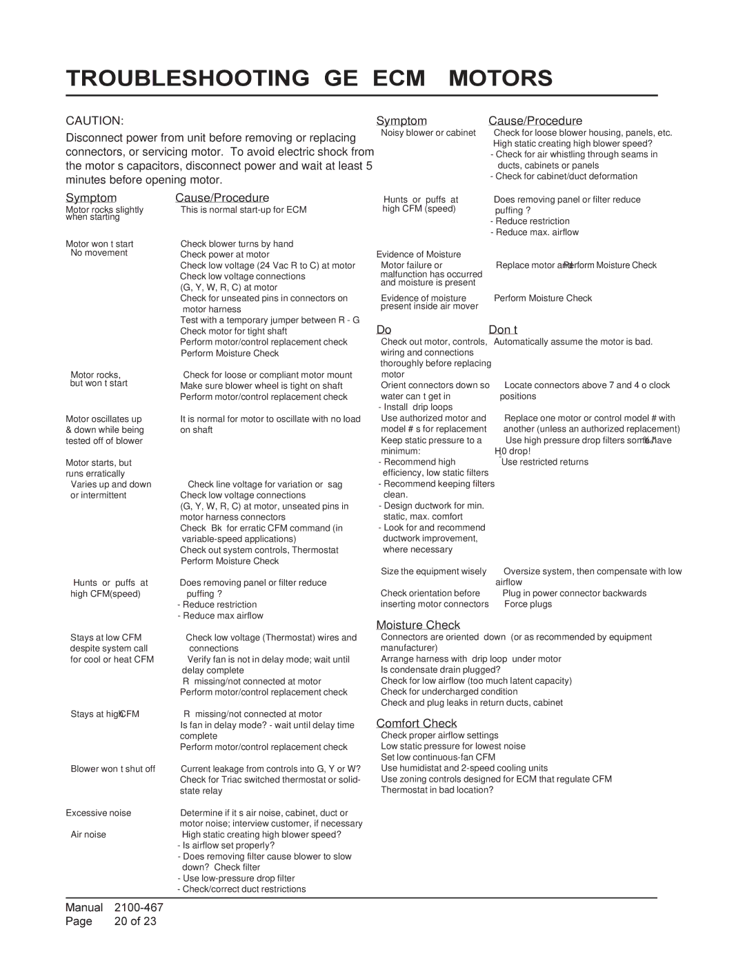 Bard PA13481-A, PA13421-A, PA13481-B, PA13601-A, PA13421-B, PA13601-B installation instructions Troubleshooting GE ECM Motors 