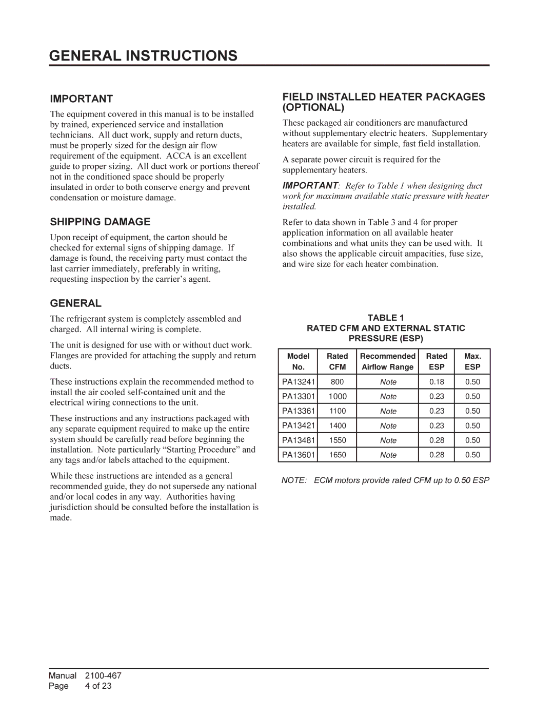 Bard PA13421-B, PA13421-A, PA13481-B General Instructions, Shipping Damage, Field Installed Heater Packages Optional 