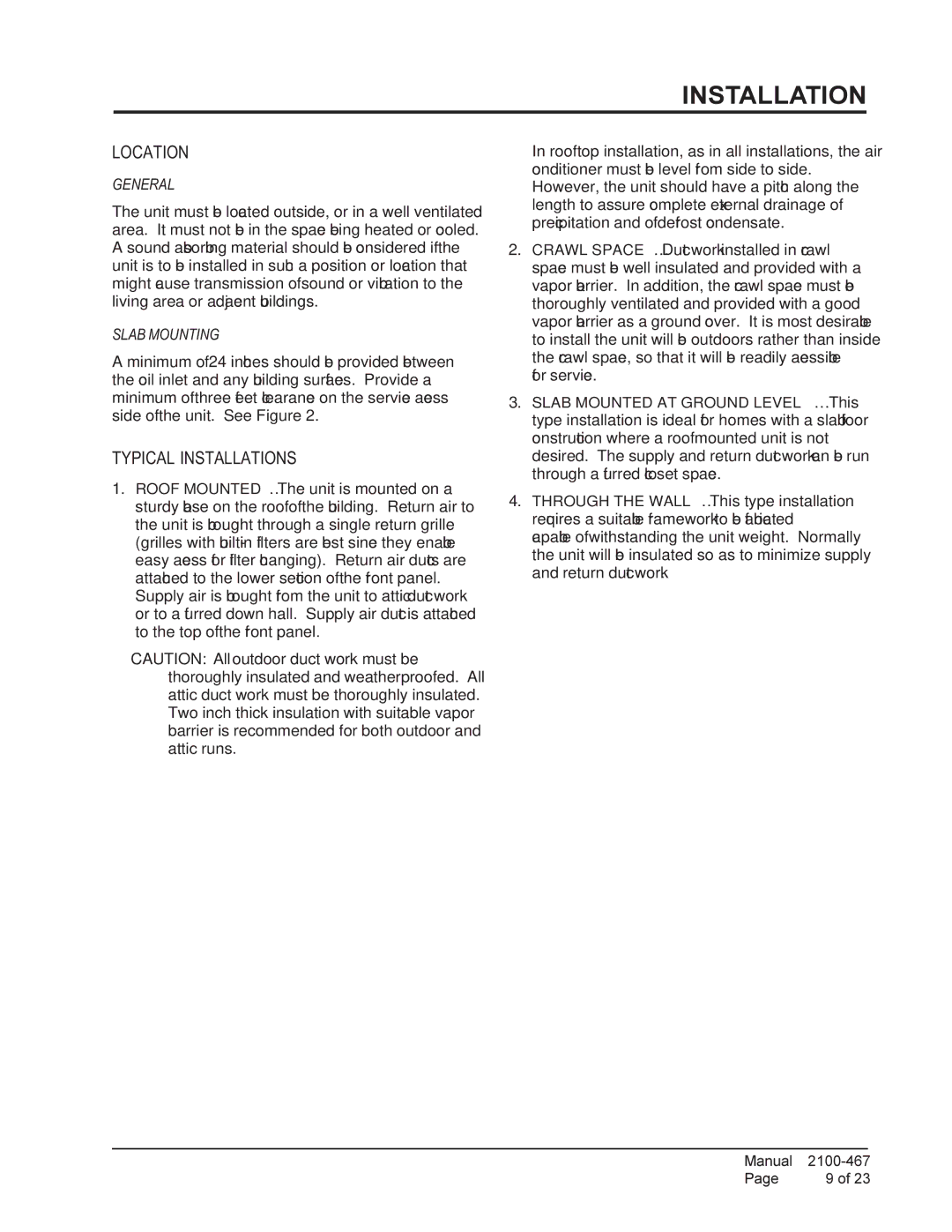 Bard PA13601-A, PA13421-A, PA13481-B, PA13481-A, PA13421-B Location, Typical Installations, General, Slab Mounting 