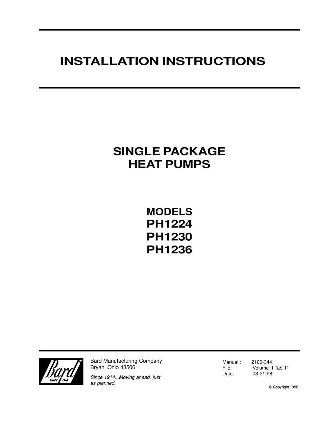 Bard PH1236, PH1230, PH1224 installation instructions Installation Instructions Single Package Heat Pumps, Models 