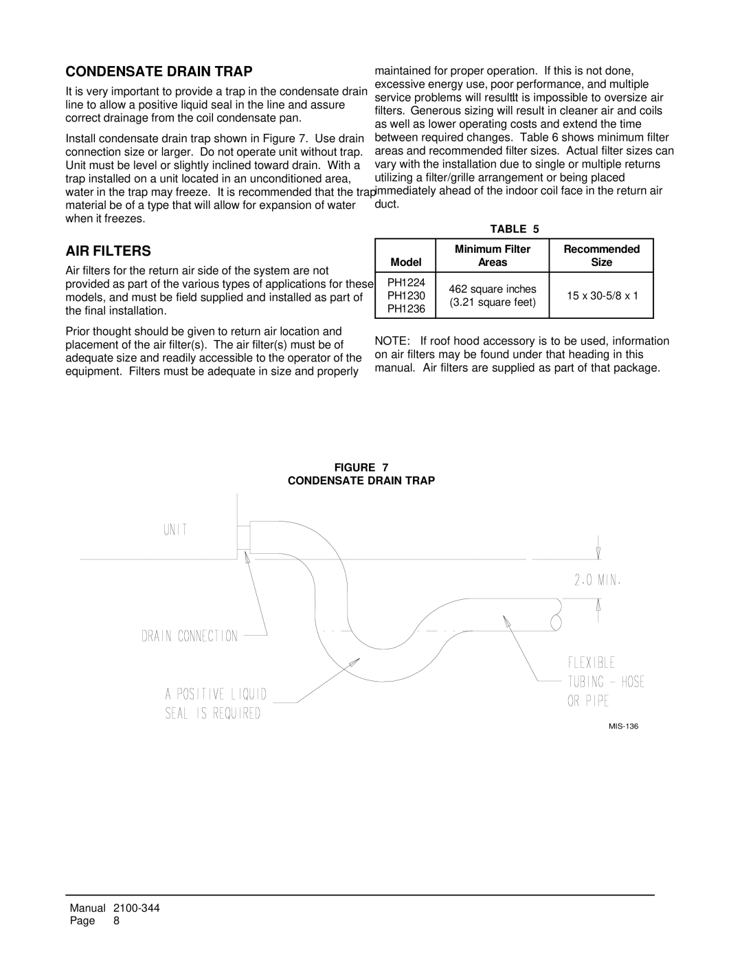 Bard PH1236, PH1230, PH1224 Condensate Drain Trap, AIR Filters, Minimum Filter Recommended Model, Size 