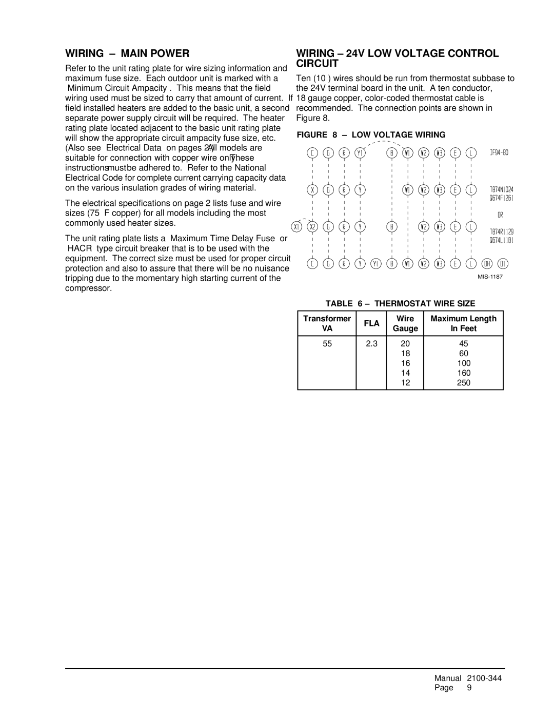 Bard PH1224, PH1230, PH1236 Wiring Main Power, Wiring 24V LOW Voltage Control Circuit, Thermostat Wire Size, Fla 